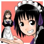  abekawa apron arashiyama_hotori bangs black_hair brown_hair crossed_arms glasses grin hair_ribbon long_hair maid maid_apron maid_headdress multiple_girls pink_background ribbon smile soredemo_machi_wa_mawatteiru tatsuno_toshiko 