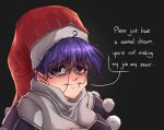  1girl bags_under_eyes closed_mouth doremy_sweet dress english_text grey_background hair_between_eyes hair_in_own_mouth hat highres jackyyeah long_bangs looking_at_viewer messy_hair nightcap pointy_ears pom_pom_(clothes) purple_eyes purple_hair red_headwear short_hair solo touhou turtleneck upper_body white_dress 