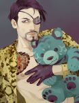  1boy black_gloves black_hair chain_necklace chest_tattoo collarbone eyepatch facial_hair gloves goatee holding holding_stuffed_toy jacket jewelry looking_at_viewer majima_goro male_focus necklace nipples one-eyed open_clothes paexie ryuu_ga_gotoku_(series) short_hair simple_background snake_print solo stuffed_toy tattoo yakuza 