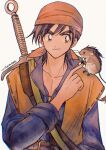  1boy animal_on_shoulder bandana belt belt_buckle blue_shirt brown_eyes brown_hair buckle closed_mouth coat collarbone commentary_request dragon_quest dragon_quest_viii hero_(dq8) highres long_sleeves looking_at_another male_focus mouse mouyi munchie_(dq8) open_clothes open_coat popped_collar red_bandana red_headwear shirt short_hair signature simple_background smile smug sword sword_on_back upper_body weapon weapon_on_back yellow_coat 