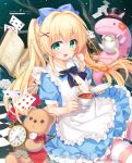  1girl :d absurdres alice_(alice_in_wonderland) alice_(alice_in_wonderland)_(cosplay) alice_in_wonderland apron black_bow black_bowtie blonde_hair blue_bow blue_dress blush book bow bowtie card checkered_floor company_name copyright_name cosplay cup dress floating_hair flower frilled_apron frills green_eyes hair_between_eyes hair_bow hair_ornament happy hat highres holding holding_cup holding_plate long_hair looking_at_viewer maid_apron nagayama_yuunon official_art open_book open_mouth plate playing_card pocket_watch puffy_short_sleeves puffy_sleeves ringed_eyes rose sheet_music short_sleeves sidelocks sitting smile solo sparkle striped_clothes striped_thighhighs stuffed_animal stuffed_toy summer_pockets tea teacup teddy_bear thighhighs top_hat tsumugi_wenders twintails watch white_apron white_flower white_rose x_hair_ornament 