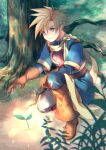  1boy armor blonde_hair blue_eyes blue_tunic breastplate gloves golden_sun isaac_(golden_sun) leather leather_gloves light_smile magic male_focus oas on_one_knee sapling scarf short_hair solo spiked_hair tree yellow_scarf 