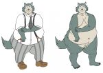 2022 anthro balls beastars belly big_belly bottomwear canid canine canis clothing genitals geuremon legoshi_(beastars) male mammal micropenis moobs navel necktie obese obese_male overweight overweight_male pants penis shirt simple_background small_penis solo suspenders topwear white_background wolf