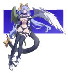  1girl absurdres adapted_costume asymmetrical_wings black_panties black_thighhighs blue_hair blush_stickers breasts dizzy_(guilty_gear) feathered_wings guilty_gear hair_ribbon highres huanxiang_huifeng large_breasts long_hair navel panties red_eyes revealing_clothes ribbon simple_background solo tail tail_ornament tail_ribbon thighhighs twintails underboob underwear wings 