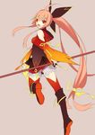  bow circlet detached_sleeves dobunezumi elsword hair_bow ignia_(elsword) long_hair low-tied_long_hair orange_hair ponytail red_eyes solo thighhighs very_long_hair yellow_bow 