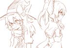  2girls blush bow braid clenched_hand commentary detached_sleeves frilled_bow frilled_hair_tubes frills hair_bow hair_tubes hakurei_reimu hat hat_bow kirisame_marisa long_hair monochrome multiple_girls niangao_(8490593) side_braid single_braid sketch sweatdrop touhou vest witch_hat 