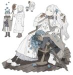 1boy 1girl :o age_difference aged_down alternate_universe black_pantyhose blue_hair blush book boots bouquet capelet chair chibi child cloak closed_eyes coat earrings elf expressionless facing_to_the_side flower frieren grey_cloak grey_footwear hair_down hair_flower hair_ornament hair_over_shoulder hand_up height_difference himmel_(sousou_no_frieren) holding holding_book holding_flower holding_staff hood hood_down hooded_cloak jewelry knee_boots kneeling lap_pillow leaning_back leaning_forward long_hair long_sleeves ma_fu magic mole mole_under_eye multiple_views pants pantyhose petal_on_head pointy_ears rocking_chair short_hair sideways_glance sitting slippers snow_on_head sousou_no_frieren staff standing surprised tunic twintails white_background white_capelet white_coat white_pants 