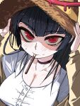  1girl black_hair blue_archive blunt_bangs blush brown_jacket buttons choker dress food food_in_mouth go_d_e hat highres holding holding_clothes holding_hat jacket long_hair off_shoulder pocky pocky_in_mouth red_eyes ringed_eyes simple_background solo straw_hat sweat tsurugi_(blue_archive) upper_body white_dress yellow_background 