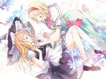  ^_^ alice_margatroid apron bad_id bad_pixiv_id blonde_hair bobby_socks bow capelet closed_eyes couple dutch_angle grin hair_bow hairband hat hat_bow holding_hands interlocked_fingers kirisame_marisa knees_together_feet_apart long_hair mary_janes multiple_girls neck_ribbon open_mouth puffy_short_sleeves puffy_sleeves ribbon shoes short_hair short_sleeves smile socks touhou tree_branch waist_apron witch_hat yatomi yuri 