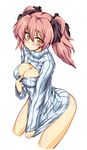  blush bottomless bow breasts bule_night cleavage cleavage_cutout clothes_tug hair_bow idolmaster idolmaster_cinderella_girls jougasaki_mika large_breasts meme_attire open-chest_sweater pink_hair short_hair smile solo sweater sweater_tug twintails yellow_eyes 