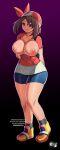  1girl arms_behind_back bike_shorts blue_eyes breasts breasts_out brown_hair collarbone highres jadenkaiba large_breasts may_(pokemon) medium_hair nipples pokemon pokemon_(anime) tight_clothes 