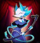 android animated blue_clothing blue_dress choker clothing deltarune dress electronics eyes_closed felid floating_hands jewelry machine mammal microphone musical_note necklace razur_(artist) robot short_playtime singing smile tasque_manager undertale_(series) white_body