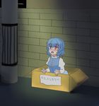  abandoned blue_eyes blue_hair blush box crying crying_with_eyes_open d: for_adoption heterochromia in_box in_container isaki_(gomi) juliet_sleeves long_sleeves open_mouth puffy_sleeves red_eyes sad short_hair solo tatara_kogasa tears touhou tunic 