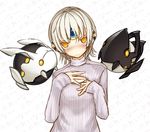  blush dobunezumi elsword eve_(elsword) forehead_jewel meme_attire moby_(elsword) open-chest_sweater remy_(elsword) ribbed_sweater short_hair silver_hair solo sweater yellow_eyes 