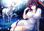  absurdres high_school_dxd highres himejima_akeno huge_filesize miyama-zero ponytail purple_hair shirt smile solo unicorn water white_shirt 