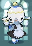  1girl animal_crossing apron black_dress black_eyes bright_pupils closed_mouth commentary_request cup dress elephant_girl frilled_apron frills furry furry_female hand_up highres holding holding_tray kopa_nishikida looking_at_viewer maid maid_apron saucer short_sleeves smile solo sparkle teacup teapot tia_(animal_crossing) tray white_apron white_pupils 