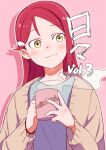  1girl blue_shirt blush brown_cardigan cardigan closed_mouth cover cover_page cup dracham holding holding_cup long_hair long_sleeves looking_to_the_side love_live! love_live!_sunshine!! musical_note open_cardigan open_clothes pink_background red_hair sakurauchi_riko shirt solo steam translation_request upper_body yellow_eyes 