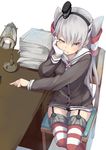  amatsukaze_(kantai_collection) black_panties brown_eyes chair chin_rest desk dress fu-ta garter_straps gloves hair_tubes hand_on_own_cheek kantai_collection lamp long_hair looking_at_viewer panties papers sailor_dress see-through short_dress silver_hair sitting solo striped striped_legwear thighhighs two_side_up underwear uniform waiting 