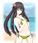  1girl bare_arms bare_shoulders beach bikini black_hair blue_eyes blue_sky breasts closed_mouth cloud cloudy_sky commentary_request day feet_out_of_frame flower hair_between_eyes hair_flower hair_ornament hand_up kumokawa_maria light_blush long_hair looking_at_viewer medium_breasts navel ocean outdoors partial_commentary red_flower ringlets sand shin_(highest1192) sky smile solo stomach striped_bikini striped_clothes swimsuit toaru_majutsu_no_index toaru_majutsu_no_index:_new_testament tree very_long_hair water yellow_bikini 