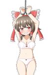  1girl @_@ alternate_costume armpits bdsm blush bondage bound bow bra breasts brown_hair chain cleavage clenched_teeth commentary cuffs frilled_bow frilled_hair_tubes frills hair_bow hair_tubes hakurei_reimu handcuffs highres long_hair looking_at_viewer panties pink_bra pink_panties red_eyes ribbon_panties simple_background solo tears teeth touhou trembling underwear white_background zenji029 