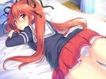  1girl artist_request bed blush character_request game_cg hinata_sora indoors issho_ni_massage_-imouto_ni_massage- looking_back lying masterup panties red_eyes red_hair ribbon school_uniform skirt solo source_request thighs uemura_yuzu underwear 