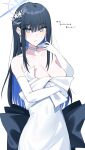  1girl bare_shoulders black_hair blue_archive blue_eyes blue_hair blue_halo breasts choker cleavage collarbone colored_inner_hair commentary_request dress earrings elbow_gloves gloves hair_between_eyes halo highres jewelry kinona long_hair looking_at_viewer medium_breasts multicolored_hair official_alternate_costume partial_commentary saori_(blue_archive) saori_(dress)_(blue_archive) simple_background solo translation_request white_background white_choker white_dress white_gloves 