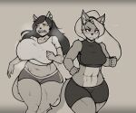 absurd_res anthro athletic athletic_anthro athletic_female belly big_breasts black_hair blush bodily_fluids bottomwear bouncing_breasts breasts canid canine canis clothed clothing digital_media_(artwork) domestic_cat duo ear_piercing ear_ring felid feline felis female freepancakes fur hair hi_res jewelry jogging mammal piercing ponytail red_eyes ring_piercing shirt shorts slightly_chubby slightly_chubby_anthro slightly_chubby_female sweat tail thick_thighs topwear wolf yellow_eyes