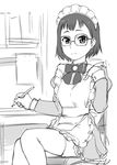  alternate_costume apron blush bow chair desk embarrassed enmaided frills glasses greyscale iguchi_yumi long_sleeves looking_at_viewer maid maid_headdress monochrome office_chair pencil puffy_sleeves shirobako short_hair sitting sketch solo thighhighs ueyama_michirou zettai_ryouiki 