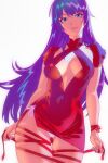  1girl alternate_costume blue_eyes blush breasts cleavage_cutout clothing_cutout commentary covered_navel covered_nipples cowboy_shot criss-cross_halter dress eyelashes flower halterneck highres impossible_clothes impossible_dress large_breasts long_hair looking_at_viewer monogatari_(series) parted_lips purple_hair rapa_rachi red_dress red_flower red_rose revealing_clothes rose senjougahara_hitagi short_dress short_sleeves simple_background smile solo thighs very_long_hair white_background 