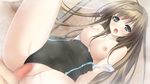  1boy 1girl black_eyes blush breasts brown_hair censored character_request game_cg haru_kiss long_hair marui marui_(koedame) mikoto_akemi mosaic_censoring nipples open_mouth penis pussy sex swimsuit vaginal yasumi_itsuki 