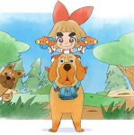  1girl blue_sky bow brown_fur brown_hair child dog hair_bow holding holding_water_gun looking_at_viewer lulu_(warioware) official_art red_bow sitting_on_animal sky smile takeuchi_kou thick_eyebrows third-party_source tree warioware warioware:_get_it_together! water_gun 