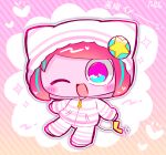  1girl alternate_costume animal_hood aqua_hair artist_name chibi chibi_only colored_skin hairpods hood hood_up hoodie long_sleeves multicolored_hair no_eyebrows no_pupils one_eye_closed open_mouth pants pepoyo pink_eyes pink_hair pink_hoodie pink_pants pink_skin poyoroid short_hair simple_background smile solo streaked_hair striped_clothes striped_hoodie striped_pants tail utau white_hoodie white_pants yellow_tail 