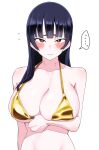  ... 1girl absurdres bikini black_hair blush boku_no_kokoro_no_yabai_yatsu breasts brown_eyes flying_sweatdrops gold_bikini highres large_breasts long_hair looking_at_viewer mole mole_on_neck shita_(yagisauce_07) simple_background solo speech_bubble swimsuit white_background yamada_anna 