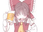  1girl alcohol ascot beer beer_mug blush bow brown_hair closed_eyes commentary_request cup detached_sleeves frilled_bow frilled_hair_tubes frills hair_bow hair_tubes hakurei_reimu highres holding holding_cup long_hair mug norichiizu open_mouth red_bow ribbon-trimmed_sleeves ribbon_trim smile solo touhou yellow_ascot 