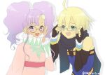  1boy 1girl ahoge blonde_hair dark-skinned_female dark_skin dress emil_castagnier fingerless_gloves glasses gloves green_eyes long_hair looking_at_viewer meredy_(tales) murata_tefu open_mouth purple_eyes purple_hair scarf simple_background smile solo tales_of_(series) tales_of_eternia tales_of_symphonia tales_of_symphonia_knight_of_ratatosk twintails white_background 