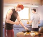  2boys alternate_hairstyle back black_hair black_tank_top chopsticks cooking cowboy_shot day drooling food from_side holding holding_chopsticks indoors kitchen male_focus mito_youhei mouth_drool multiple_boys nongnol234 pompadour red_hair sakuragi_hanamichi saliva short_hair slam_dunk_(series) smile table tank_top 