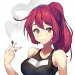  1girl bare_shoulders black_tank_top breasts cigarette closed_mouth collarbone hair_between_eyes holding holding_cigarette looking_at_viewer medium_hair original ponytail red_eyes red_hair sleeveless smoke solo somenormalartist tank_top upper_body white_background 