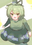  1girl absurdres blush breasts commentary cross-laced_clothes dress green_background green_dress green_eyes green_hair hat highres long_sleeves looking_at_viewer open_mouth soga_no_tojiko solo takana_(forsterite) tate_eboshi touhou two-tone_background white_background 