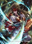  1boy armor brown_eyes brown_hair copyright_name electricity fire_emblem fire_emblem_cipher fire_emblem_if japanese_armor leaf long_hair male_focus nintendo official_art ryouma_(fire_emblem_if) solo sword tree weapon 