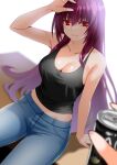  1girl 1other alternate_costume bare_shoulders black_shirt blue_pants breasts can casual cleavage closed_mouth collarbone commentary_request contemporary denim engo_(aquawatery) fate/grand_order fate_(series) hair_between_eyes highres holding holding_can jeans large_breasts lips long_hair looking_at_viewer out_of_frame pants pink_lips pov pov_hands purple_hair red_eyes scathach_(fate) shirt sitting sleeveless sleeveless_shirt smile 