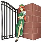  blue_eyes braid breasts chinese_clothes crossed_arms gate hat hong_meiling jonylaser large_breasts leaning_back long_hair red_eyes shirt skirt skirt_set solo star touhou twin_braids very_long_hair vest wall 