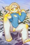 anthro bottomless cleavage_cutout clothed clothing cutout dragonfu female flat_chested front_view fur genitals hat headgear headwear hi_res lagomorph leporid long_ears mammal outside pussy rabbit sitting snow solo sweater topwear white_body white_fur winter yellow_body yellow_eyes yellow_fur yellow_pussy