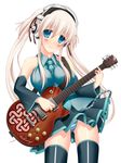  blue_eyes cosplay detached_sleeves electric_guitar guitar hair_ribbon hatsune_miku hatsune_miku_(cosplay) head_tilt headphones highres instrument long_hair mabinogi nao_(mabinogi) panties pantyshot ribbon silver_hair simple_background solo thighhighs twintails umitsubame underwear vocaloid white_background 