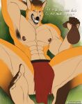 5_toes abs absurd_res anthro armpit_hair athletic athletic_anthro athletic_male bag body_hair bottomwear brown_bag brown_hair brown_nipples canid canine canis clothed clothing depictionexpress dialogue dingo eduardo_altera_(depictionexpress) english_text facial_hair feet first_person_view foot_fetish foot_play foot_shot foot_sole fur grassland hair hi_res humanoid_feet humanoid_hands loincloth loincloth_only looking_at_viewer lying male male_focus mammal multicolored_body multicolored_fur muscular muscular_anthro muscular_male nipples on_back partially_clothed plantigrade pubes pubic_stubble red_clothing showing_feet simple_background solo solo_focus talking_to_viewer text toes topless whiskers white_background