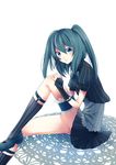  absurdres hatsune_miku highres kneehighs long_hair mary_janes masumofu shoes simple_background sitting smile solo striped striped_legwear vertical-striped_legwear vertical_stripes vocaloid white_background 