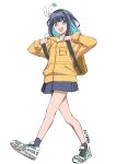  16bit_sensation 1girl akisato_konoha backpack bag black_hair blue_eyes blue_hair fang full_body highres ishii_hisao jacket looking_at_viewer multicolored_hair open_mouth shoes simple_background skirt smile sneakers solo two-tone_hair white_background 