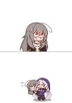  2girls absurdres black_swan_(honkai:_star_rail) chibi closed_eyes commentary dress english_commentary grey_hair hiding hiding_behind_another highres honkai:_star_rail honkai_(series) long_hair multiple_girls open_mouth pinkuma purple_dress purple_veil simple_background smile stelle_(honkai:_star_rail) sweatdrop trailblazer_(honkai:_star_rail) twitter_username very_long_hair white_background yellow_eyes 