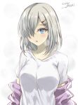  1girl artist_name blue_eyes blush breasts dated gakky hair_ornament hair_over_one_eye hairclip hamakaze_(kancolle) highres jacket kantai_collection large_breasts looking_at_viewer medium_hair one-hour_drawing_challenge open_clothes open_jacket purple_jacket shirt short_sleeves solo striped_clothes upper_body vertical-striped_clothes white_background white_shirt 
