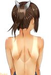  arms_at_sides back brown_hair facing_away from_behind hair_ribbon highres i-401_(kantai_collection) isshiki_(ffmania7) kantai_collection nape one-piece_swimsuit ponytail ribbon shoulder_blades solo swimsuit swimsuit_pull tan tanline topless twitter_username upper_body white_background 