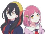  2girls arched_bangs black_hair blue_jacket blueberry_academy_school_uniform brown_eyes cardigan carmine_(pokemon) closed_mouth colored_inner_hair crossed_bangs hair_between_eyes hair_ornament hairband hairclip highres jacket lacey_(pokemon) long_hair looking_at_viewer mole mole_under_eye multicolored_hair multiple_girls pink_cardigan pink_hair pokemon pokemon_sv red_hair school_uniform shinogo_no short_hair smile two-tone_hair upper_body white_background yellow_eyes yellow_hairband 
